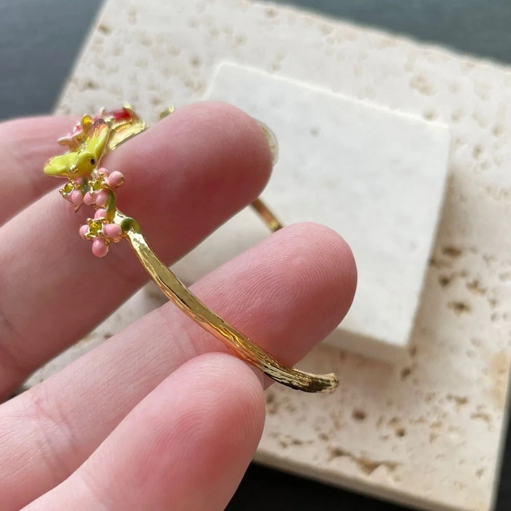 Les Nereides Gold Pink Bird Bracelet Floral Statement Jewelry